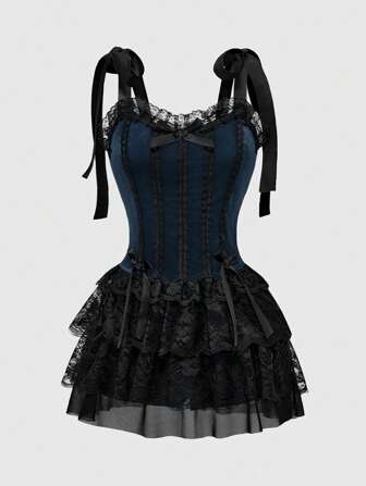 Goth Gothic Retro Palace Style Contrast Lace Trim Cross Pendant Velvet Lace-Up Camisole Dress For Women