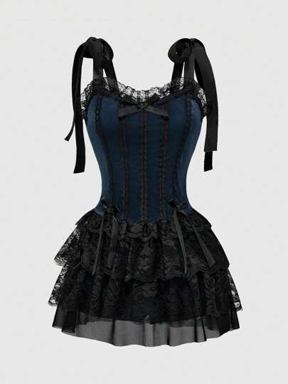 Goth Vestido camisero de terciopelo con cordones, escote con encaje en contraste y colgante en forma de cruz, estilo retro y gótico para mujeres