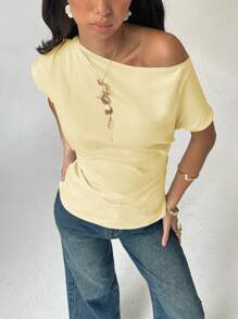 Aloruh 女式休闲纯色不对称褶领修身衬衫，夏季 - 黃色 - 查看 3