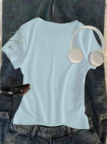 Tween Girl Summer Numeric Print Round Neck Short Sleeve Casual T-Shirt Summer T-Shirt - Baby Blue - View 2