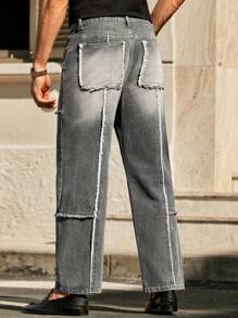 Manfinity VCAY Men's Casual Grey Denim Jeans With Frayed Seam Details Long Straight Leg Fit - Grey - View 2