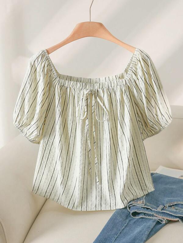 CosyJoli Plus Size Casual Striped Square Neck A-Line Puff Sleeve Shirt