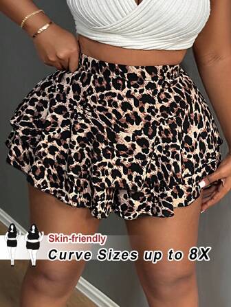 SHEIN CURVE+ 大码夏季休闲豹纹荷叶边下摆短裤猎豹印花夏季/乡村/海滩度假装/沙滩装/沙滩装