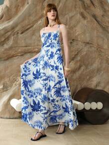 SHEIN LUNE Robe de plage d'été de haute qualité à volants fleuris pour femmes, bleu français, pour les vacances - Bleu et Blanc - Voir 6