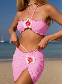 Swim Mod 女士夏季度假三件套服装：纯色深 V 领荷叶边露背短款上衣、花卉装饰迷你裙和比基尼套装 - 粉色 - 查看 4