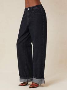 NYA SZN Jeans de tiro alto de lavado oscuro con dobladillo, casual básico de uso diario para mujer