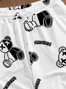 Manfinity Homme 男士休闲熊和字母印花 T 恤套装，适合夏季，送给朋友的绝佳礼物男士两件套服装短款套装男士两件套服装夏季 - 白色 - 查看 6
