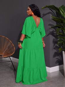 SHEIN CURVE+ Plus Size V-Neck Dress For Summer Holiday, Orange Boho Vacation Beach Outfits For Woman/Beach Dress/Beach Vacation Outfits/Beach Essentials / Graduation/Tea Party Dress - Green - View 7