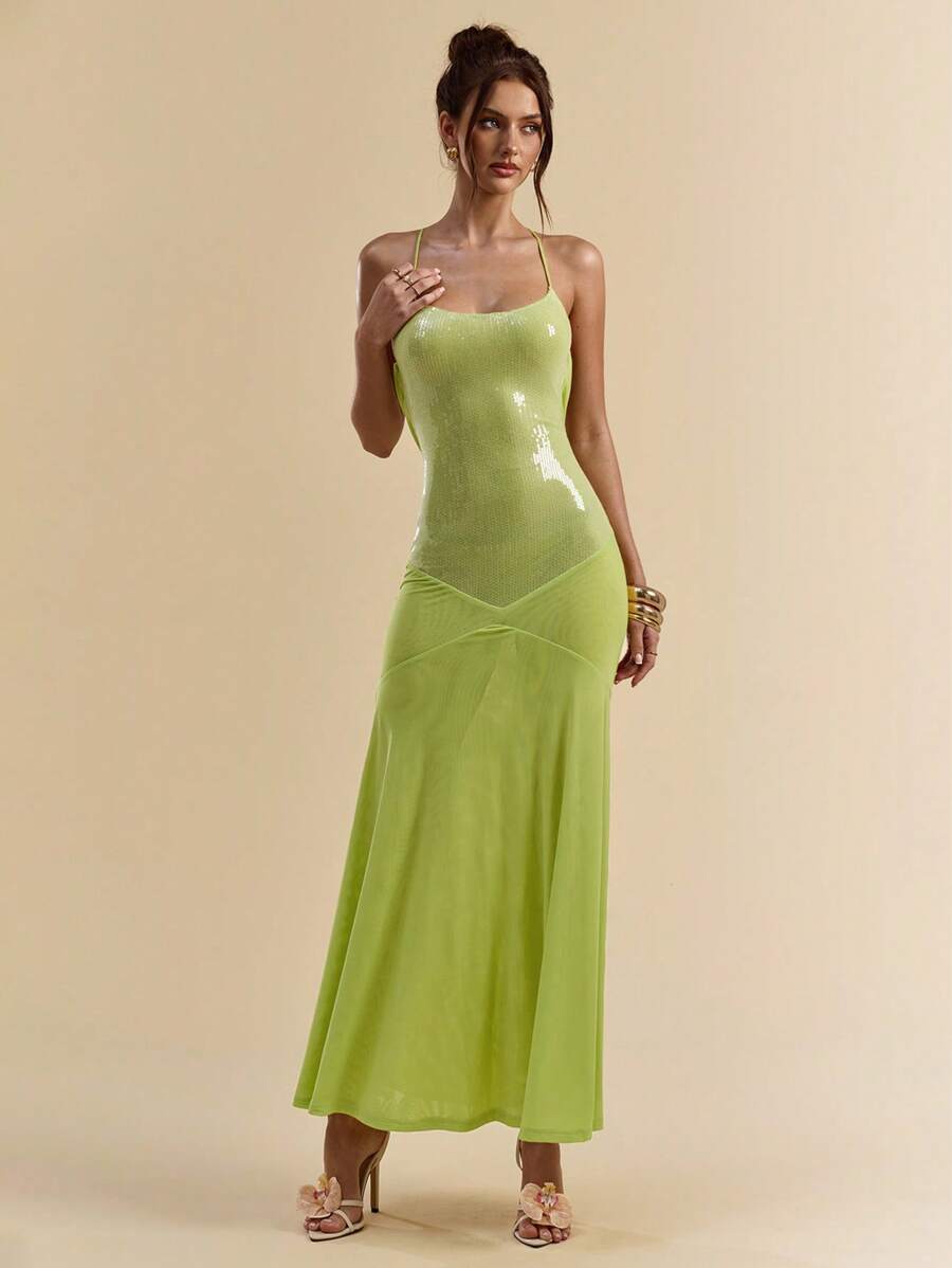 SHEIN BAE 夏季海滨度假女士露背绿色亮片网眼优雅鱼尾长裙 - 綠色 - 查看 1