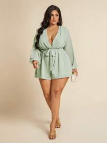 SHEIN BAE 加大码纯色低胸灯笼袖系带连体衣