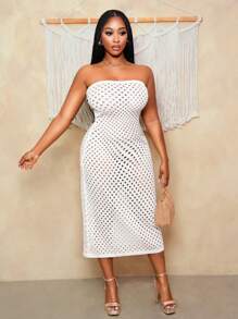 BamGleam 1 pieza Vestido de tirantes de punto con calado y rejilla blanco entallado para mujer, diseño minimalista sexy - Blanco - Ver 3