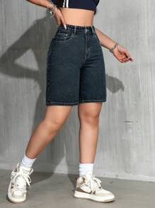 SHEIN PETITE Women's Casual Versatile Bermuda Denim Shorts With Pockets Y2k - Blue - View 5