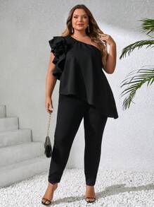 SHEIN CURVE+ 大码女装春夏时尚优雅舒适立体花朵不对称下摆黑色上衣外出上衣