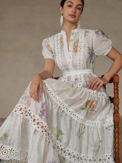 Aveloria Rosie Vestido elegante con cintura ceñida, mangas abullonadas, encaje calado y estampado floral vintage color block, de gasa para mujeres