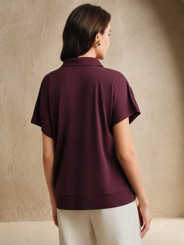 New Summer Women's Loose Crew Neck T-Shirt With Polo Collar Design, Embroidered Floral Stud Decor