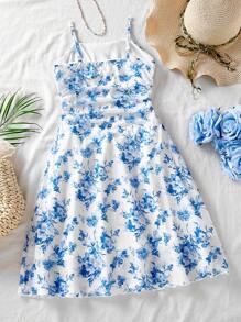 Mädchen Ditsy Ditsy Blumen Trägerkleid mit schlanker Passform für den Sommer am Strand - Blau - Übersicht 2