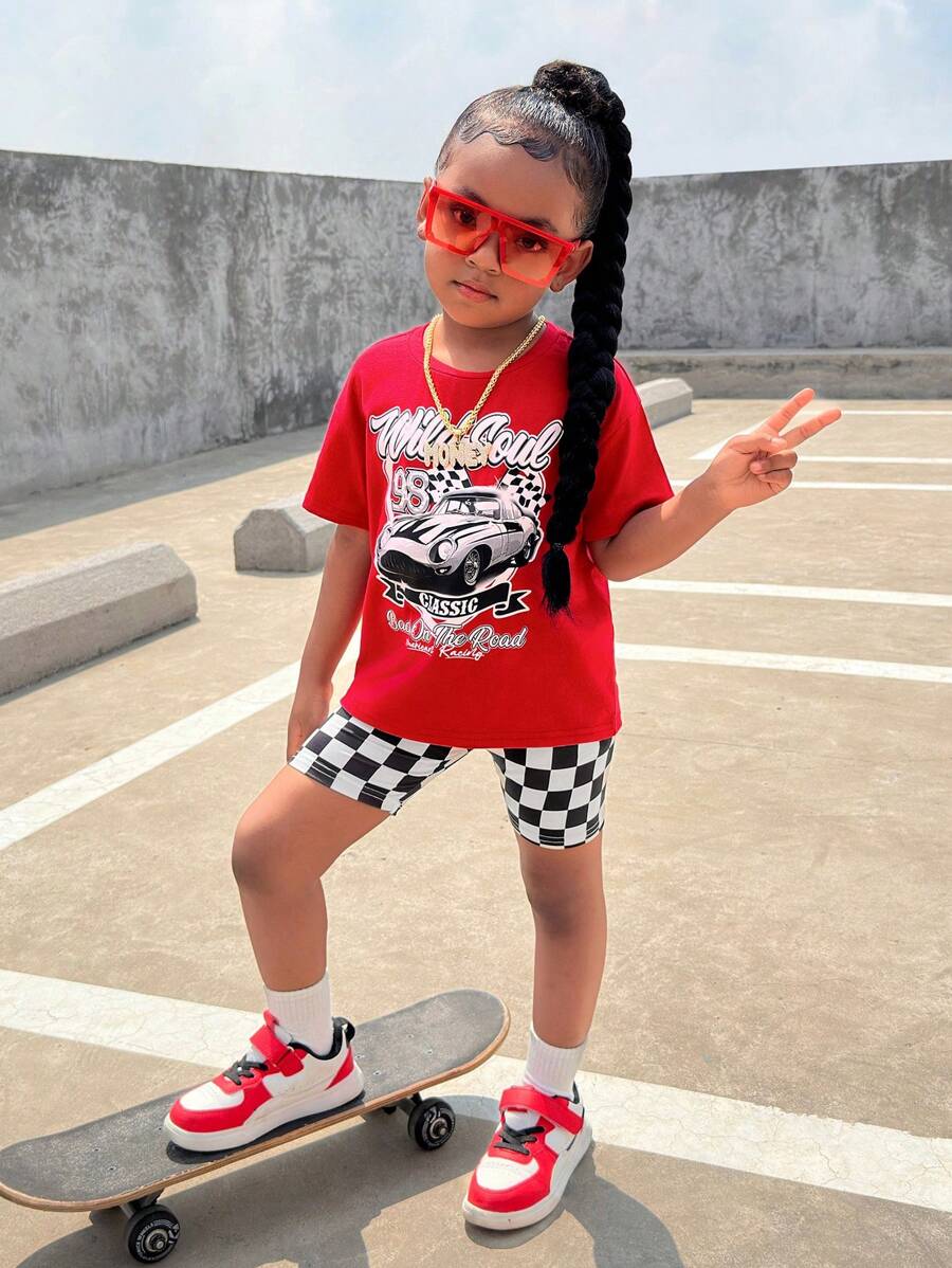 SHEIN Young Girl Casual Street Style Car Print T-Shirt & Checkerboard Leggings 2pcs Set Kids Streetwear - Red - View 1