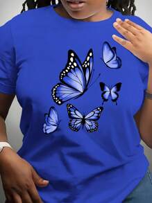 Women Plus Size Butterfly Print Short Sleeve Round Neck T-Shirt, Comfortable & Versatile - Blue - View 1