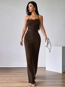 Firerie 2件套女式吊带背心和松紧腰裤套装 - 咖啡棕 - 查看 6