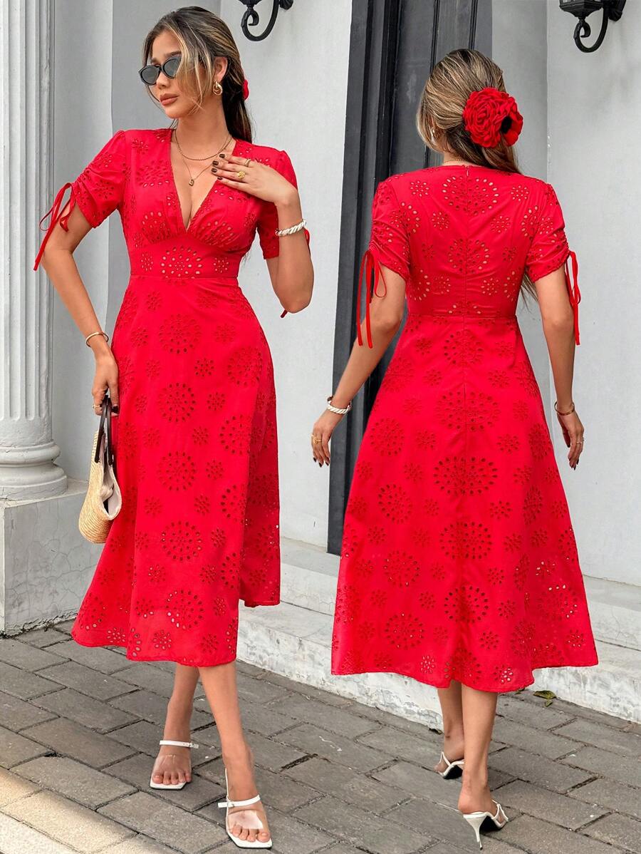 Pariaura Women's Romantic Hollow V-Neck Drawstring Ruched Solid Color Long Dress, Fashionable French Street Style - Red - View 1