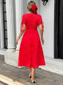 Pariaura Women's Romantic Hollow V-Neck Drawstring Ruched Solid Color Long Dress, Fashionable French Street Style - Red - View 2
