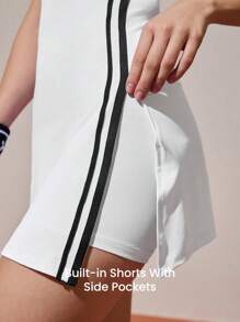 CourtClass 女式撞色圆领开衩系带喇叭 A 字休闲网球高尔夫运动连衣裙，春夏