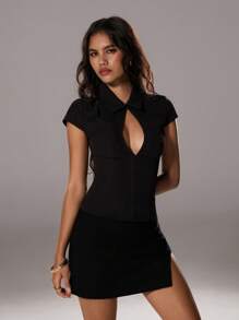 TRNVIE Blusa negra elegante de estilo sirena con cuello de botones y corte sexy para mujer, ideal para salir