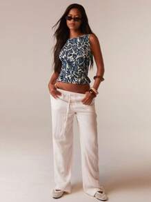 Athîral 女士节日植物印花褶皱无袖衬衫