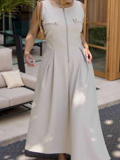 INAWLY 大码女式时尚仿口袋装饰纯色连衣裙