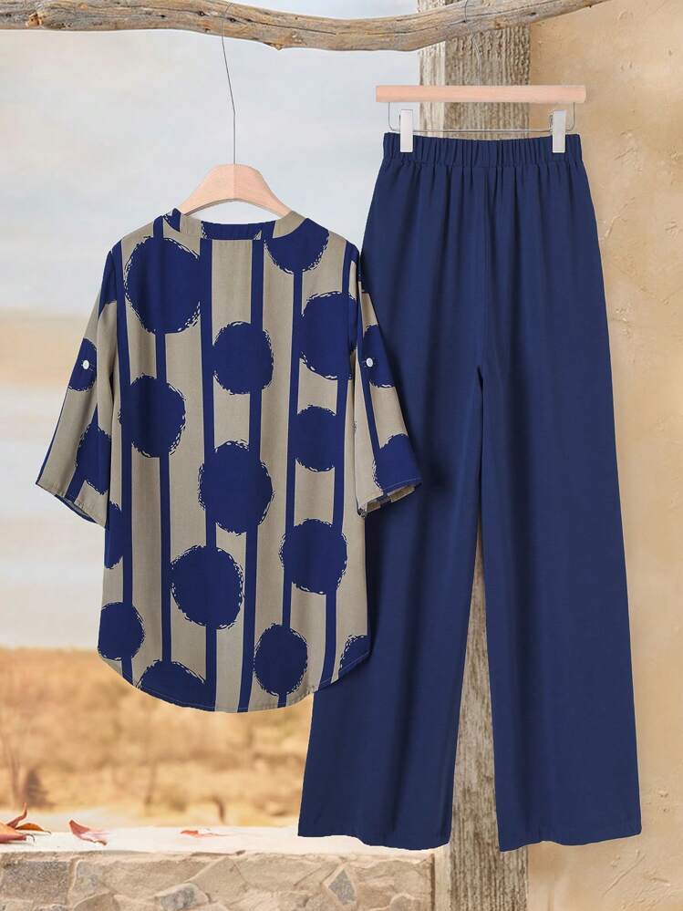 Rusticease Top de Manga Curta com Decote Estepe e Calça Longa com Cintura Elástica para Uso Casual Diário - Azul Marinho - Visão 2