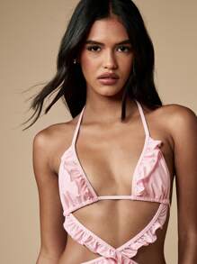 MISSGUIDED 夏季荷叶边细节连体泳衣 裹身式海滩泳池度假泳衣 - 粉色 - 查看 5