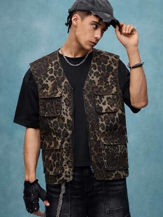 Street Life Gilet en jean avec fermeture éclair et imprimé léopard pour homme
