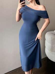 DAZY Women's Off-Shoulder Mesh Summer Dress Prom Dress Elegant Women Dresses - Blue - View 4