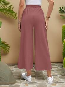 Travachic 女士纯色腰系带直筒宽松休闲裤 - 棕色 - 查看 2
