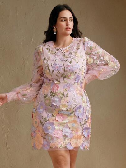 New Lace Floral Embroidered Waisted Plus Size Short Dress With Long Sleeves, Summer