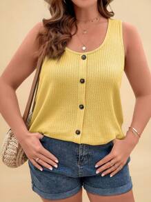 Travachic Plus Size Women Solid Color Single-Breasted Round Neck Casual Versatile Top - Yellow - View 1