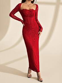 SHEIN PETITE Đầm Maxi Đen Ôm Hông Cổ Vuông Ren Hình Chữ S Gợi Cảm Cho Nữ, Tay Dài, Cúp Ngực, Cổ Xương Cá, Dự Tiệc Mùa Hè Mới - Đỏ - Xem 3
