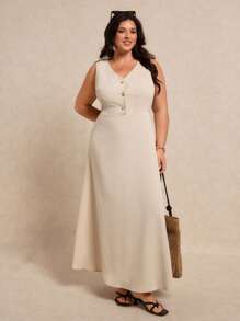 Elaquor 大码V领时尚休闲日常度假通勤太阳裙，2025年新品 - 杏色 - 查看 1