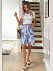 Easowa Damen Lässig gestreifte Bermuda Shorts mit Tasche