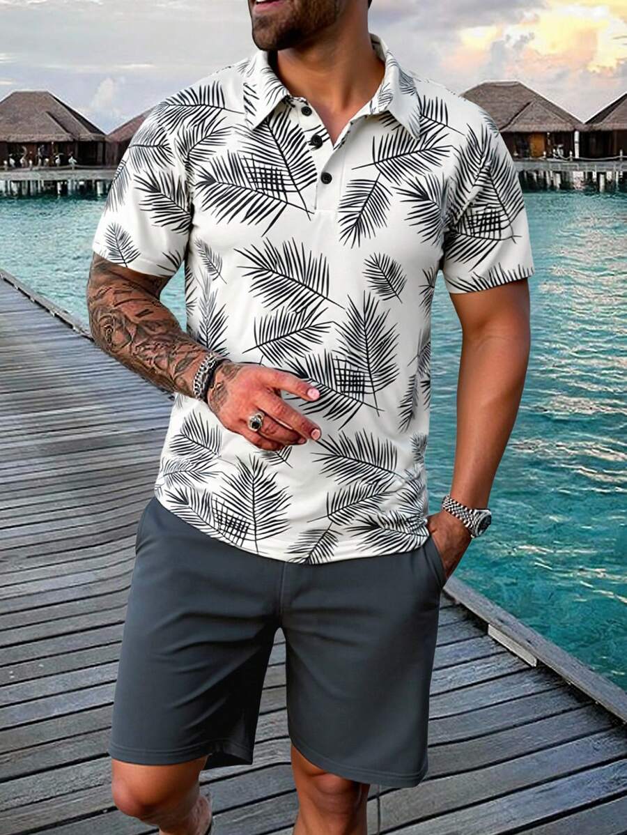 Manfinity RSRT 2pcs/Set Men Printed Polo Shirt And Drawstring Shorts Set - Grey - View 1