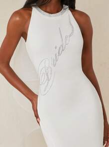 NYA SZN Elegant White And Silver Bride Dress Bridal High Neck Side Slit,Summer Bachelorette Party Wedding Special Occasion Formal Dresses For Women Honeymoon - Beige - View 1