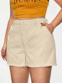 SHEIN EZwear 大码女式磨边休闲纯色高腰宽松牛仔短裤，夏季 - 杏色 - 查看 6