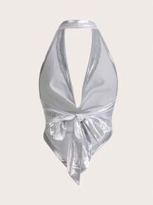 SHEIN ICON 女士性感金属质感垂坠领露背吊带上衣，夏季波西米亚风度假风优雅 - 銀色 - 查看 2