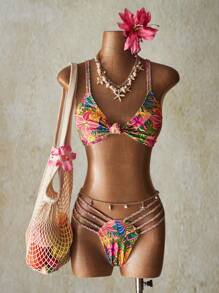 SHEIN ICON 2 件套夏季度假外出海滩夏威夷热带性感彩色花卉印花泳衣套装女士 - 彩色 - 查看 1