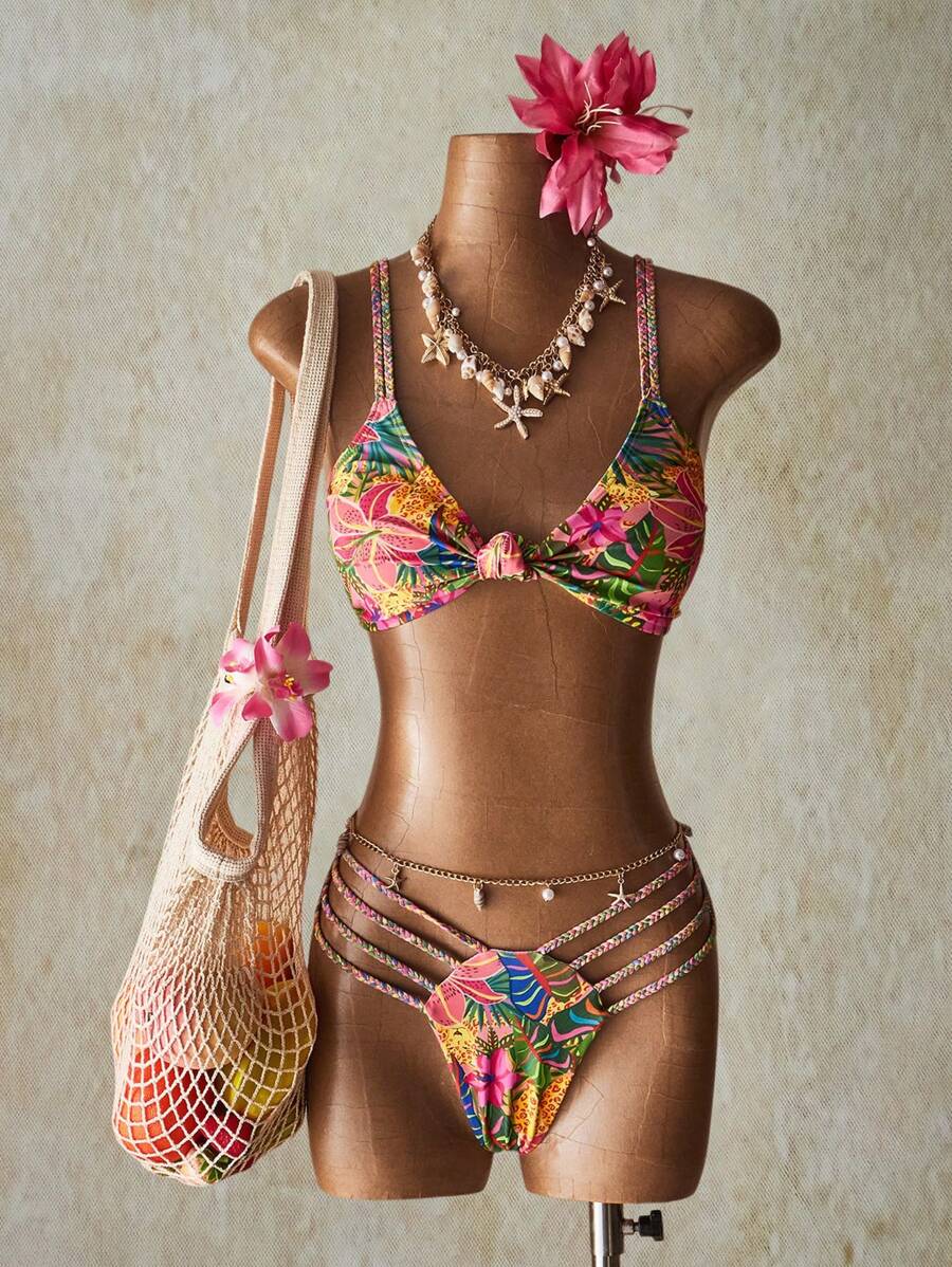 SHEIN ICON 2 件套夏季度假外出海滩夏威夷热带性感彩色花卉印花泳衣套装女士 - 彩色 - 查看 1