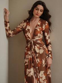 Anewsta 优雅珊瑚红针织连衣裙，腰带系带，浪漫海滩，节日，女士假日服装，春夏秋季 - 棕色 - 查看 5