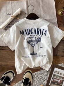 Attitoon 休闲圆领短袖修身女士T恤，鸡尾酒印花，适合夏季