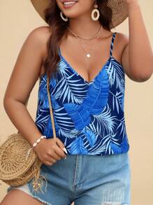 Travachic Plus Size Boho Simple Tropical Print Spaghetti Strap Cami Top, Casual, For Summer - Blue - View 5