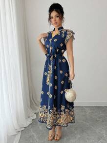 Elenzga Rochie de damă cu imprimeu floral, decolteu crăpat, volane, cu curea, stil de vacanță, vară