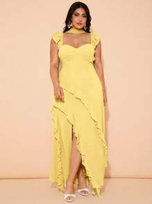 SHEIN BAE 大码女式优雅绿色长款高开叉荷叶边下摆连衣裙，适合春夏季日常穿着，雪纺层叠荷叶边胸罩杯结构吊带长裙，海滩度假连衣裙，演唱会连衣裙，婚礼宾客连衣裙 - 黃色 - 查看 1